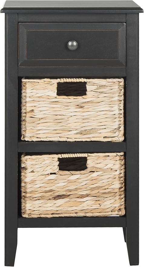 SAFAVIEH Home Collection â Everly Distressed Black 3-Drawer Side Table with Woven Basket Storage, Fully Assembled Farmhouse Accent Table (AMH5743A)