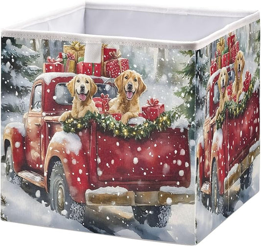 Bolaz Christmas Red Truck Two Dog Closet Organizers Storage Cubes Storage Bins Shelf Baskets Containers for Home Room Office,Square
