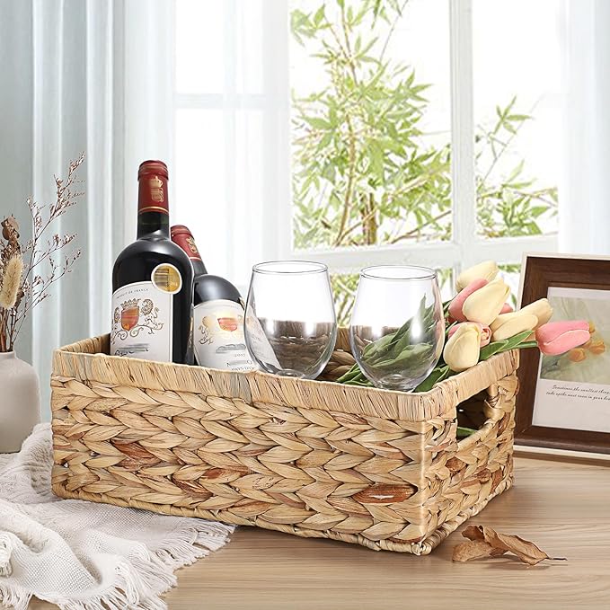 Wicker Basket for Shelf Woven Open Storage Bins with Built-in Handles Handwoven Water Hyacinth Storage Baskets Box for Living Room Bathroom Kitchen,13.8"L x 9.3"W x 5"H