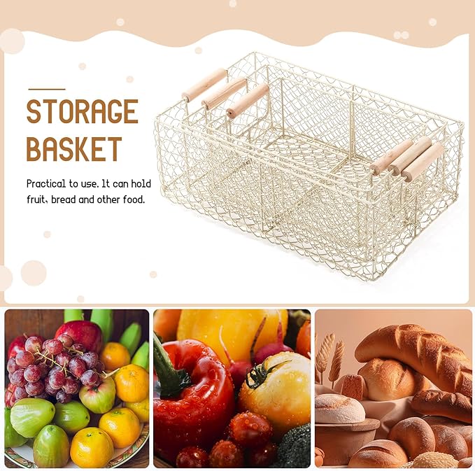 Honeydak 3 Set Wire Basket for Organizing with Wooden Handle Vintage Style Rectangle Mesh Metal Basket Food Storage Organizer for Home Kitchen Pantry Bathroom Picnic Cabinets (White)