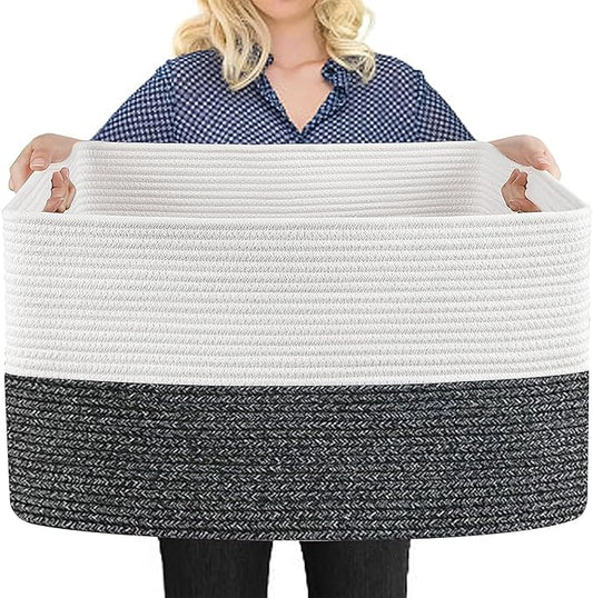 Extra Large Toy Box, 22" x 17" x 12" Rectangle Blanket Basket Living Room, Woven Cotton Rope Baskets for Storage, Soft Toy Storage Organizer Bin Chest, Kids Toy Box fo Living Room