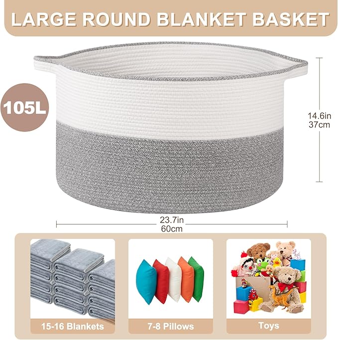 XXL Large Blanket Basket with Handles, 105L Woven Storage Basket for Living Room, Cotton Rope Baby Toy Storage for Clothes, Pillows, Towels-Grey & White