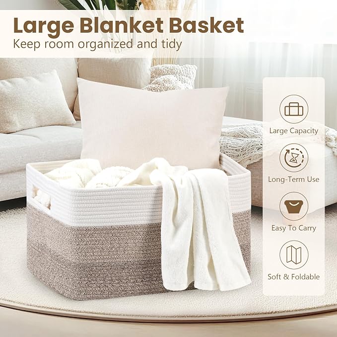 75L Large Blanket Basket, Woven Storage Baskets with Reinforced Handles, Rope Laundry Basket for Living Room, Bedroom, Nursery, Toys, Clothes, Pillows, 22â x 17â x 11.5â, White & Brown