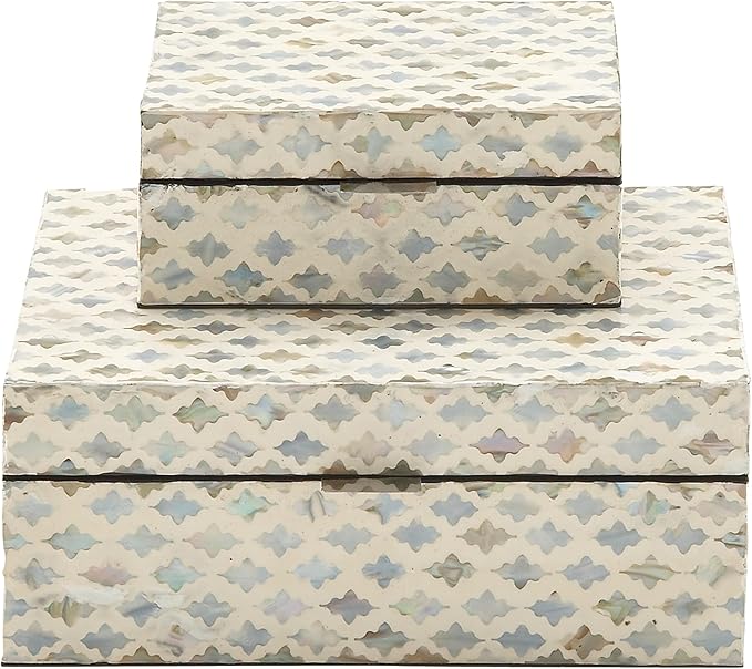 Deco 79 Mother of Pearl Shell Geometric Handmade Decorative Box Storage Decorative Keepsake Boxes with Hinged Lid, Set of 2 Storage Boxes 12", 8"W, Cream