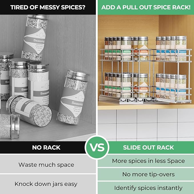 Pull Out Spice Rack Organizer for Cabinet, Slide Out Spice Racks, Easy to Install Spice Cabinet Organizers, 7.4" Wx10.43 Dx8.26 H, 3 Drawers 2 Tiers(Silver)
