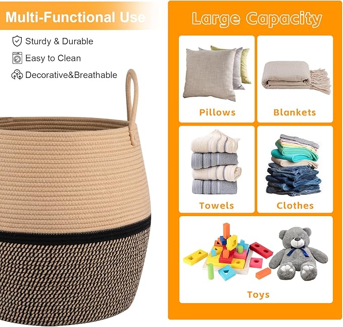 OIAHOMY 60L Blanket Basket with Handle, Storage Basket for Living Room, Laundry Hamper for Clothes, Towels, Pillows, Toy Storage for Kids and Dogs, Baby Hamper for Nursery - Brown & Black