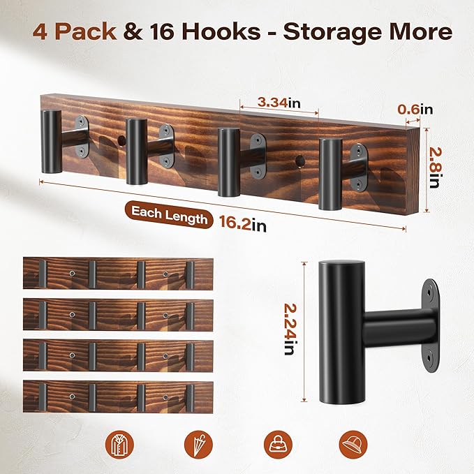 4 Pack Coat Rack Wall Mount, Rustic Coat Hooks Wall Mounted with 16 Black Metal Heavy Duty T Shaped Hooks, Pine Soild Wood Large Coat Hanger for Entryway, Living Room, Bathroom