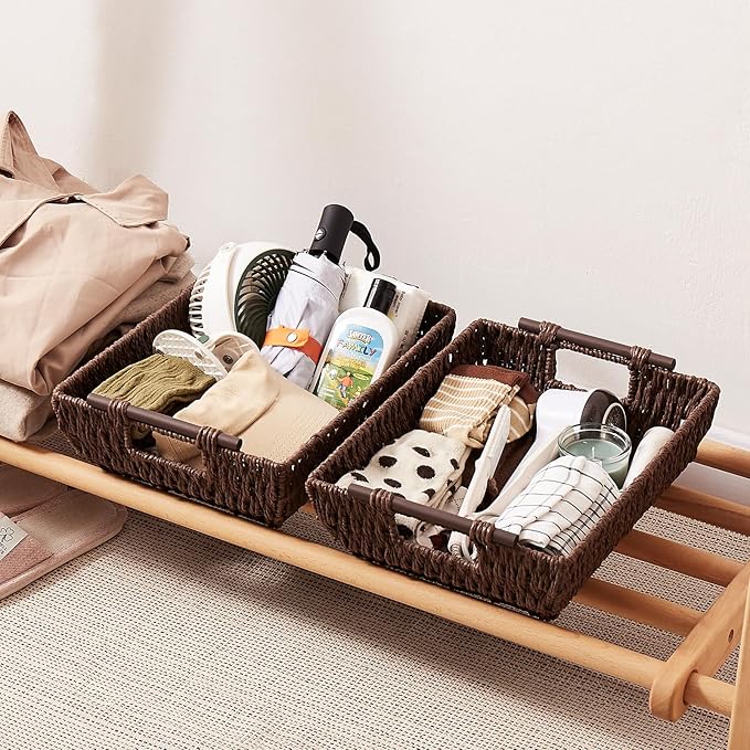OIAHOMY Storage Baskets, Small Paper Rope Wicker Organizers with Wooden Handles, Baskets for Organizing, 2-Pack, Brown