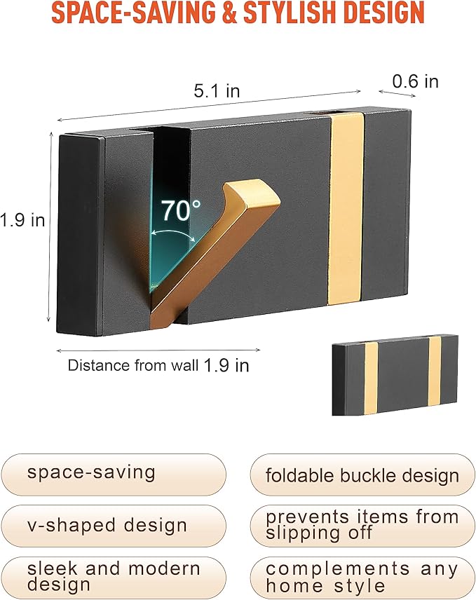 2 Pack，Modern Waterproof Black Gold Wall Hooks，Foldable Towel Hooks for Bathrooms, Coat Hooks Wall Mounted - Ideal for Bathroom, Kitchen, Balcony