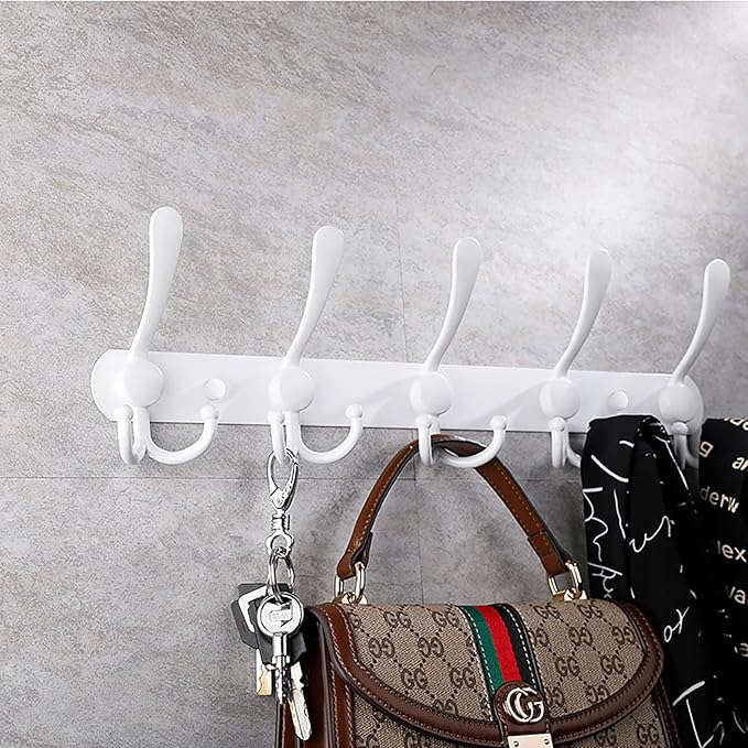 Coat Rack Wall Mounted,5 Tri Stainless Steel Coat Hook for Coat Hat Robes Towel in Mudroom Entryway (White, 2 Pack 5 Hook)