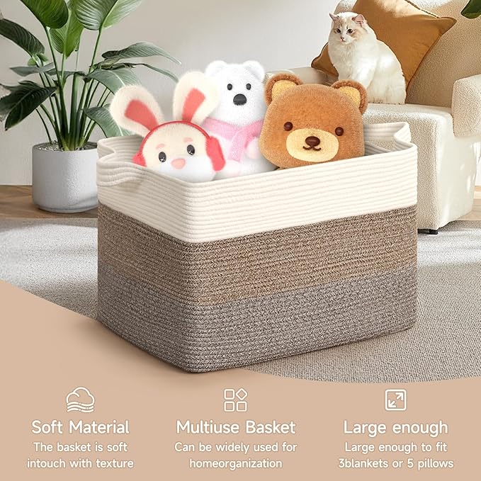 CLHMILY&Z Stylish Square Cotton Rope Storage Basket (Brown & White, 85L)