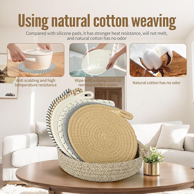 Hot Pads for Kitchen & Quartz Countertops – 6-Pack 8-Inch Cotton Trivets for Hot Dishes, Pots and Pans, Machine Washable Farmhouse Kitchen Decor with Storage Basket