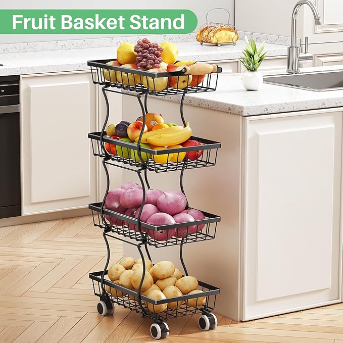 SAYZH Fruit Basket Kitchen Pantry Organizers and Storage - 4 Tier Stackable Metal Wire Basket Stand for Fruit Vegetable Snacks Jars Bins Containers Organization, Black