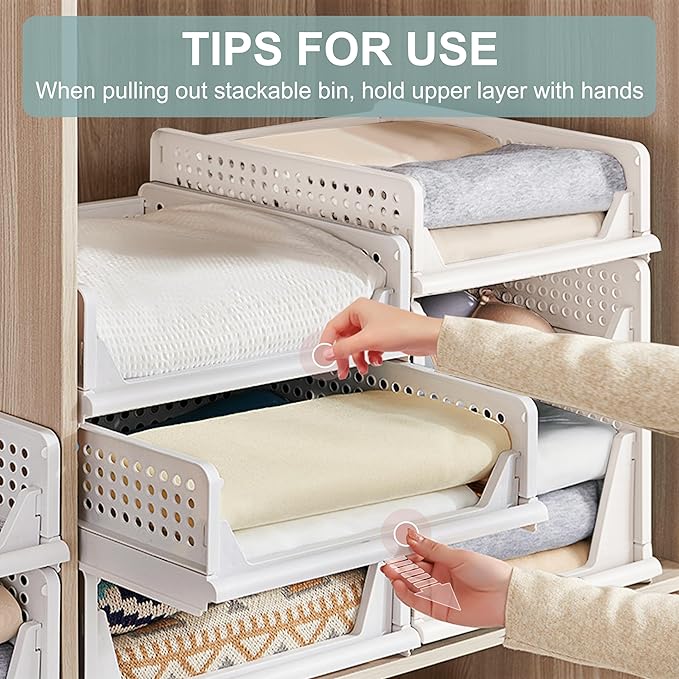 Stackable Foldable Storage Baskets, Folding Storage Bins, Closet Organizers and Plastic Drawer Shelf Storage Container for Wardrobe, Cupboard, Kitchen, Bathroom, Office (White, 2L2S)