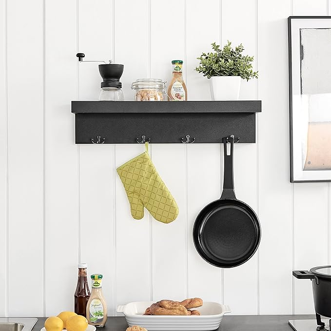 Danya B Wall Mounted Entryway Floating Coat Rack with Four Hanging Hooks and Decorative Ledge Shelf - Great for Entryways, Hallways, Bedrooms, Kitchens, and Bathrooms (Black)