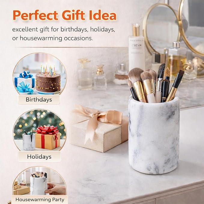 Creative Home Solid Natural Marble Pen Holder â Heavyweight Pencil Cup Organizer for Desk, Vanity, or Bathroom, 3.3" Diameter x 4.5" Height, Off-White with Unique Stone Patterns