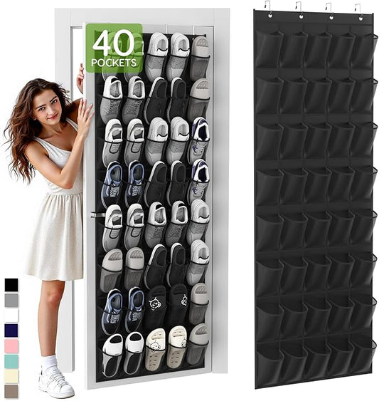 Unjumbly Over the Door Shoe Organizer with 40 Large Breathable Mesh Pockets, Space Saving Shoe Holder, Hanging Shoe Rack for Entryway Bedroom Closet Storage (Black, 40 Pockets)