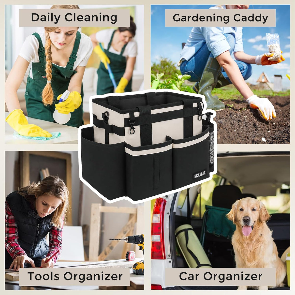 SCAVATA Compact Wearable Cleaning Caddy with Handle & Shoulder Straps Small Cleaning Supplies Organizer, Under Sink & Car Cleaning Tools Storage Bag for Housekeepers Cleaners, Cream White