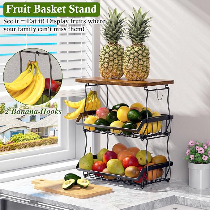3-Tier Fruit Basket for Kitchen Counter with Banana Hangers, Countertop Organizer Fruit Bowls with Wood Top, Fruit Storage Basket Stand for Storage Potato Onion Bread Snack Fruit Veggie