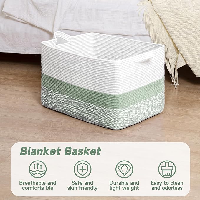 CLHMILY&Z Stylish Square Cotton Rope Storage Basket (Green & White, 85L)