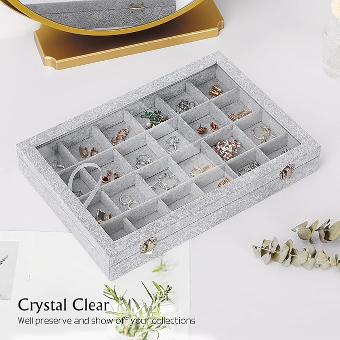 Emibele Velvet Jewelry Organizer Box, 24 Grids with Clear Lid Rings Earrings Bracelets Necklace Organizer Tray Showcase Display Jewelry Storage Case, Grey