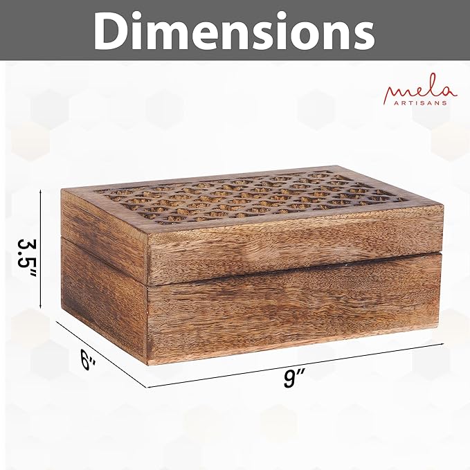 Mela Artisans Large Wooden Keepsake Box | Medium Burnt Memory & Decorative Storage Box for Jewelry, Photos & Trinkets with Hinged Lid | Vintage Storage Box |Trellis Design | 9 x 6 x 3.5