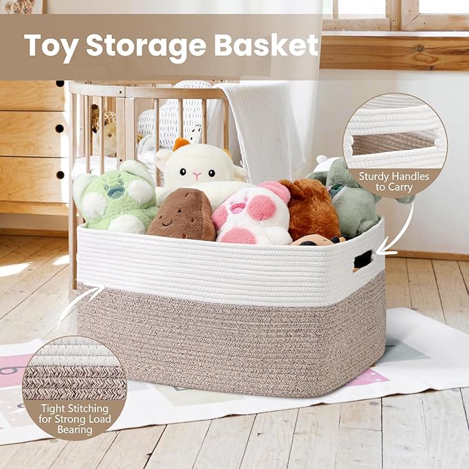 75L Large Blanket Basket, Woven Storage Baskets with Reinforced Handles, Rope Laundry Basket for Living Room, Bedroom, Nursery, Toys, Clothes,Pillows, 22â x 17â x 11.5â, White & Brown
