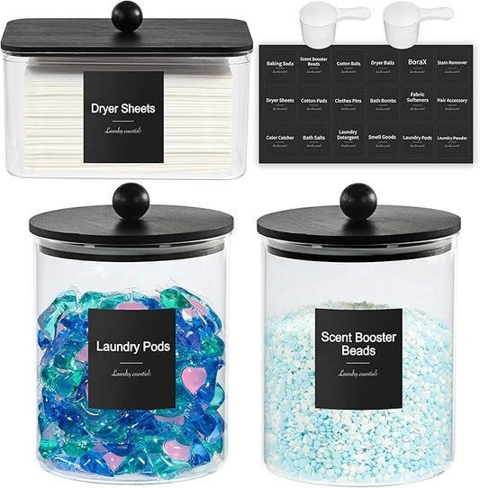 Glass Laundry Pods Container & Acrylic Dryer Sheet Holder with Balck Bamboo Knobs Lids, Scoops & Labels | Premium Laundry Room Organization and Storage for Detergent Pods, Powder, Dryer Balls & Beads