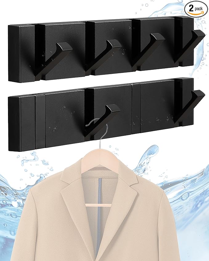 2 Pack，Elegant Black Waterproof Wall Hooks, Foldable Towel Hooks for Bathrooms - Stylish Coat Hooks Wall Mounted - Ideal for Bathroom, Kitchen, Balcony Décor - Space-Saving Storage Solution