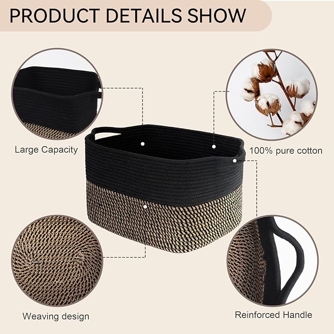 Storage Basket,Cotton Rope Woven Baskets for Organizing,Medium Soft Basket for Toys,Nursery,Bedroom, Gift Baskets for Home Decor,14"Ã11"Ã10",Black-Brown