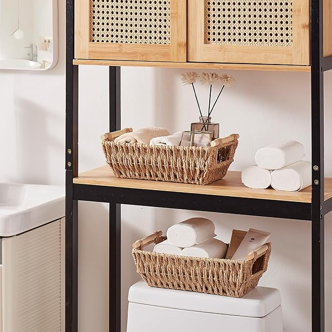 OIAHOMY Small Storage Baskets, Paper Rope Wicker Organizers with Wooden Handles, Baskets for Organizing, 2-Pack, Yellow