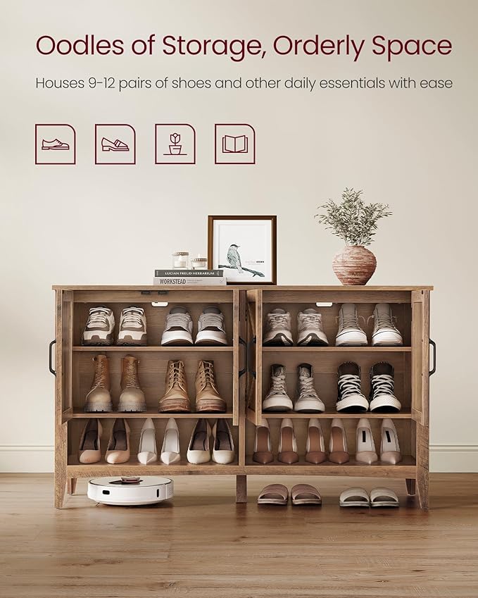 VASAGLE LIRY Collection - Shoe Cabinet, 3-Tier Storage Organizer, Shoe Shelf, Farmhouse Freestanding Cabinet, Height-Adjustable Shelf, 13.8 x 47.2 x 27.6 Inches, Honey Brown ULBC039B01