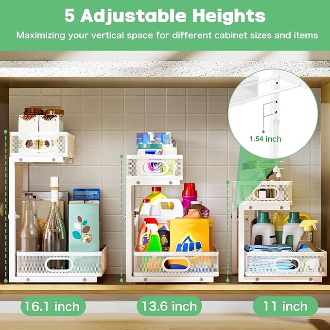 Under Sink Organizer, Height Adjustable 2 Tier Under Sink Organizers and Storage, Slide Out Metal Cabinet Organizers, Pull Out Sink Storage Drawer Shelf for Kitchen Bathroom Cabinet, White, 1 Pack