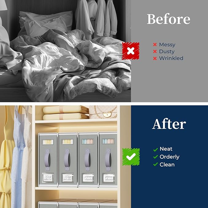 Yecaye 4 Pack Bed Sheet Organizers and Storage(King & Queen Size), Foldable Bed Sheet Organizer for Linen Closet, Bedding Storage Box with Window for Bedsheets, Duvet Cover and Pillowcase