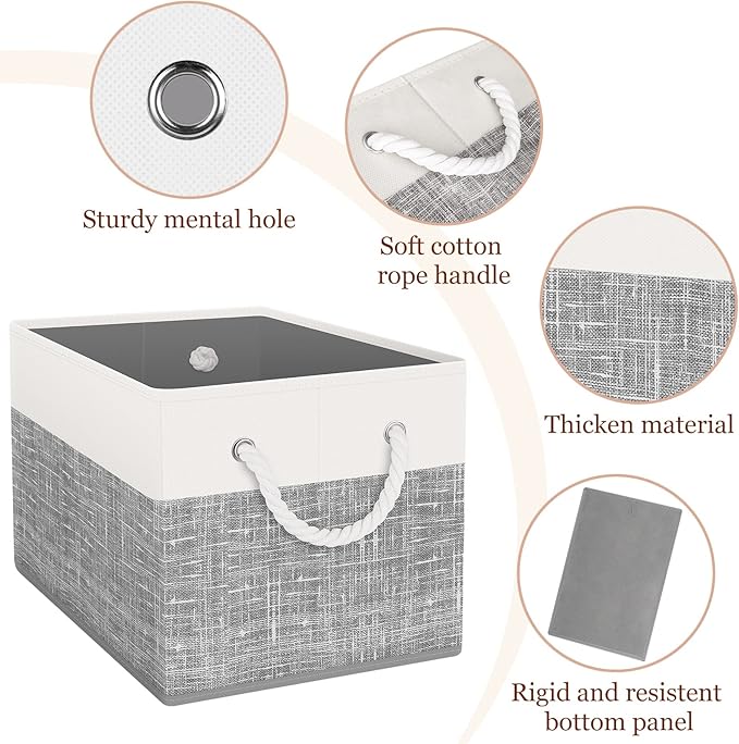 Storage Bin,Collapsible Storage Basket For Organizing,Large Storage Boxes With Rope Handles,Storage Containers,White & Grey,2 Pack