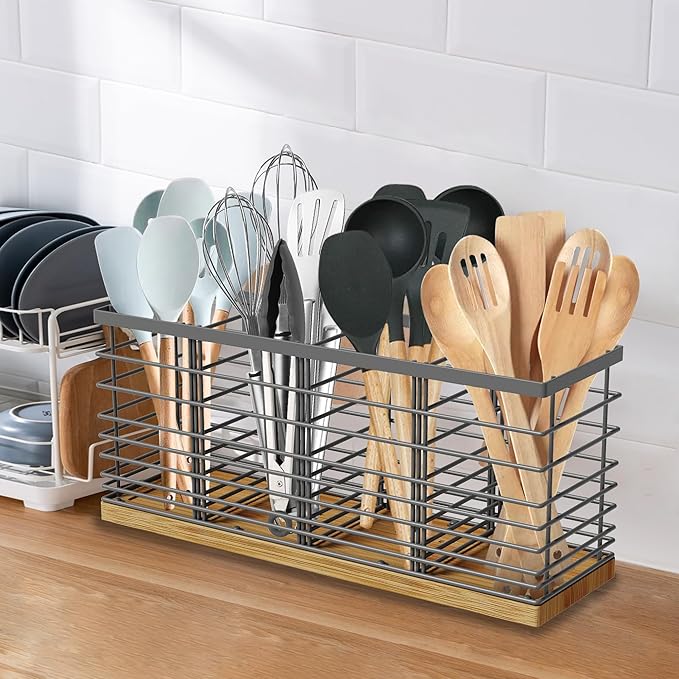 Suli Extra Large Kitchen Utensil Holder with 4 Compartments，Grey Metal holder with Wooden Base for Countertop，Farmhouse Utensil Organizer for counter, Rustic Cooking Storage Caddy for Corner