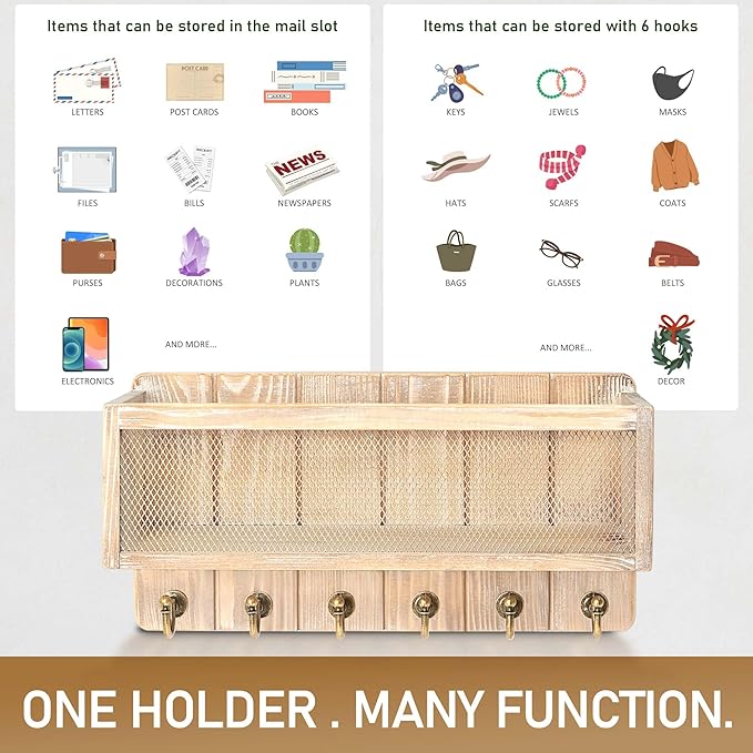 Rebee Vision Pine Wood Mail and Key Holder for Wall – Decorative Key Holder Wall Mount with Hooks & Basket for Entryway – Storage Organizer for Keys, Mail & Sunglasses (Natural)