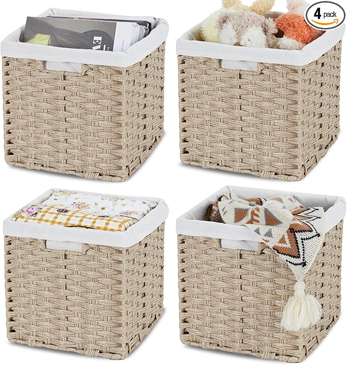 Bidtakay Wicker Storage Baskets for Organizing 4-Pack Hand-Woven Imitation Wicker Cube Storage Bins with Liners for Shelves Closet Cabinet 11x11 Waterproof Cube Organizer for Pantry-Greyish Beige