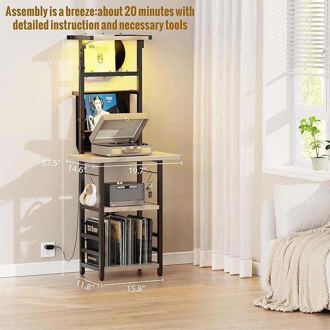 Record Player Stand with Led Light,Record Player Table with Vinyl Storage,Turntable Stand with Record Holder Vinyls Display Shelf for Music Room Studio,Greige