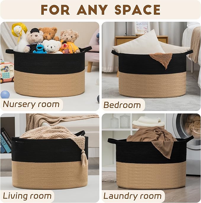 XXXLarge Woven Cotton Rope Basket (21.7" x 13.8") – Blanket Basket for Living Room, Laundry Hamper, Baby Laundry Hamper, Toy Storage, Pillows & Cushions Organizer (Black&Brown)