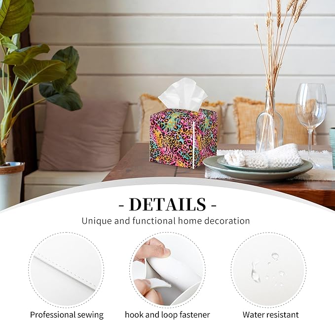Rainbow Colored Leopard Tissue Box Cover Leather Tissue Box Holder Square Facial Paper Organizer Dispenser for Bathroom Kitchen Bedroom Vanity Countertop Night Stands