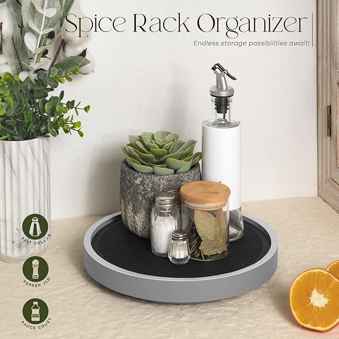 EOSAHR Farmhouse Non-Skid Wooden Lazy Susan for Countertop â 10.5" Lazy Susan Organizer as Spice Rack & Bathroom Counter Organizer with Rubber Mat - Perfect for Kitchen Counter Tray (Gray)