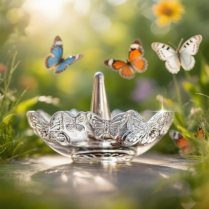 kanpura Crystal Glass Jewelry Tray with Butterfly Pattern Decorative Trinket Dish for Rings Earrings Necklaces Birthday Mother's Day Gift for Women, 4 ", Clear