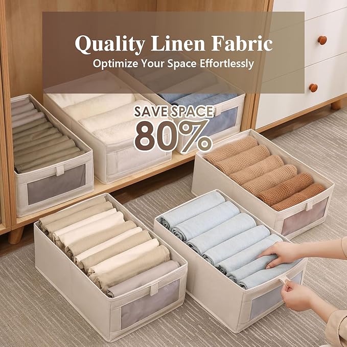 Linen Closet Organizers and Storage, 4 Pack Storage Bins Linen Clothing Organizer Baskets with Mesh Window, Foldable Closet Organizer for Clothing, Towels, Toys, Nursery, Books, Shelves (Beige)