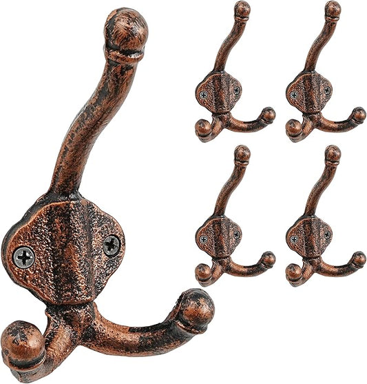 Dseap Cast Iron Wall Hooks L=5”, Heavy Duty Coat Hooks, Rustic Vintage Farmhouse Hook for Hanging Winter Coats Jackets Towels Hats Bags Plants, Antique Copper, Pack of 5 (GripBold)