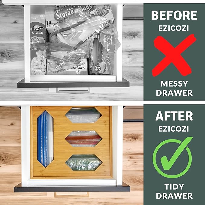 Durable Storage Solution with Kitchen Drawer Organizer - Durable Bamboo Material, 4 Storage Compartments, For Ziplock Gallon, Snack, Sandwich, and Quart Bags, Complete with Label Stickers