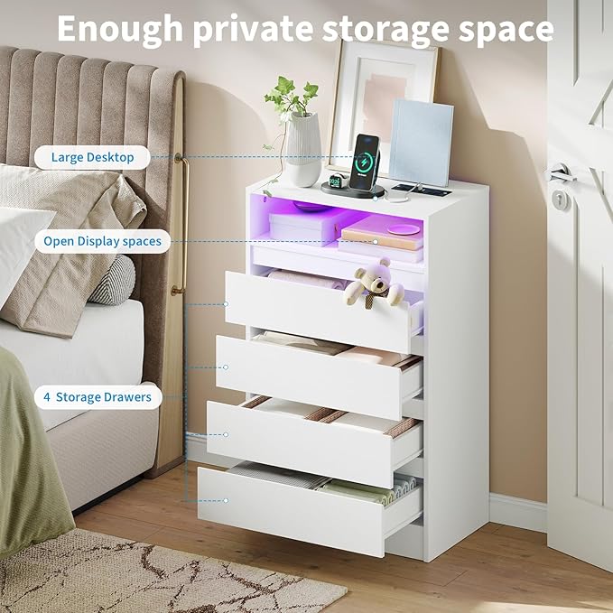 4 Drawer Dresser with Charging Station and LED Lights, Modern Chest of Drawers with Power Outlet, Organizer Cabinet for Bedroom, Living Room, Entryway, White