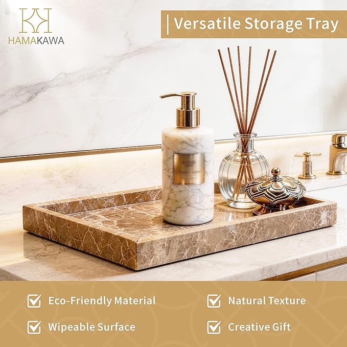 Large Bathroom Vanity Tray, Real Natural Marble Tray 12 inch, Emperador Light Marble Stone Toilet Tank Trays, Modern Dresser Trays, Countertop Organizer for Kitchen Counter, Soap Dispenser