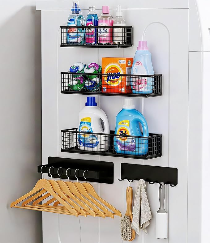 Magnetic Organizer For Refrigerator,With Spice Rack,Hooks Paper Towel Holder Utensils Racks, For Traeger Grills Of Washing Machine Side (Black, 5-Pack)