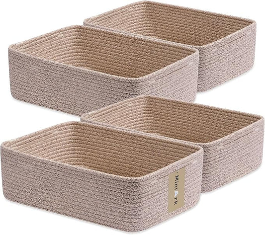 Large Shallow Organizing Baskets 15x11x5.1 Inches - Rope Woven Storage Bins for Bathroom, Shelves, Cube Closet, Mixed Brown 4 Packs